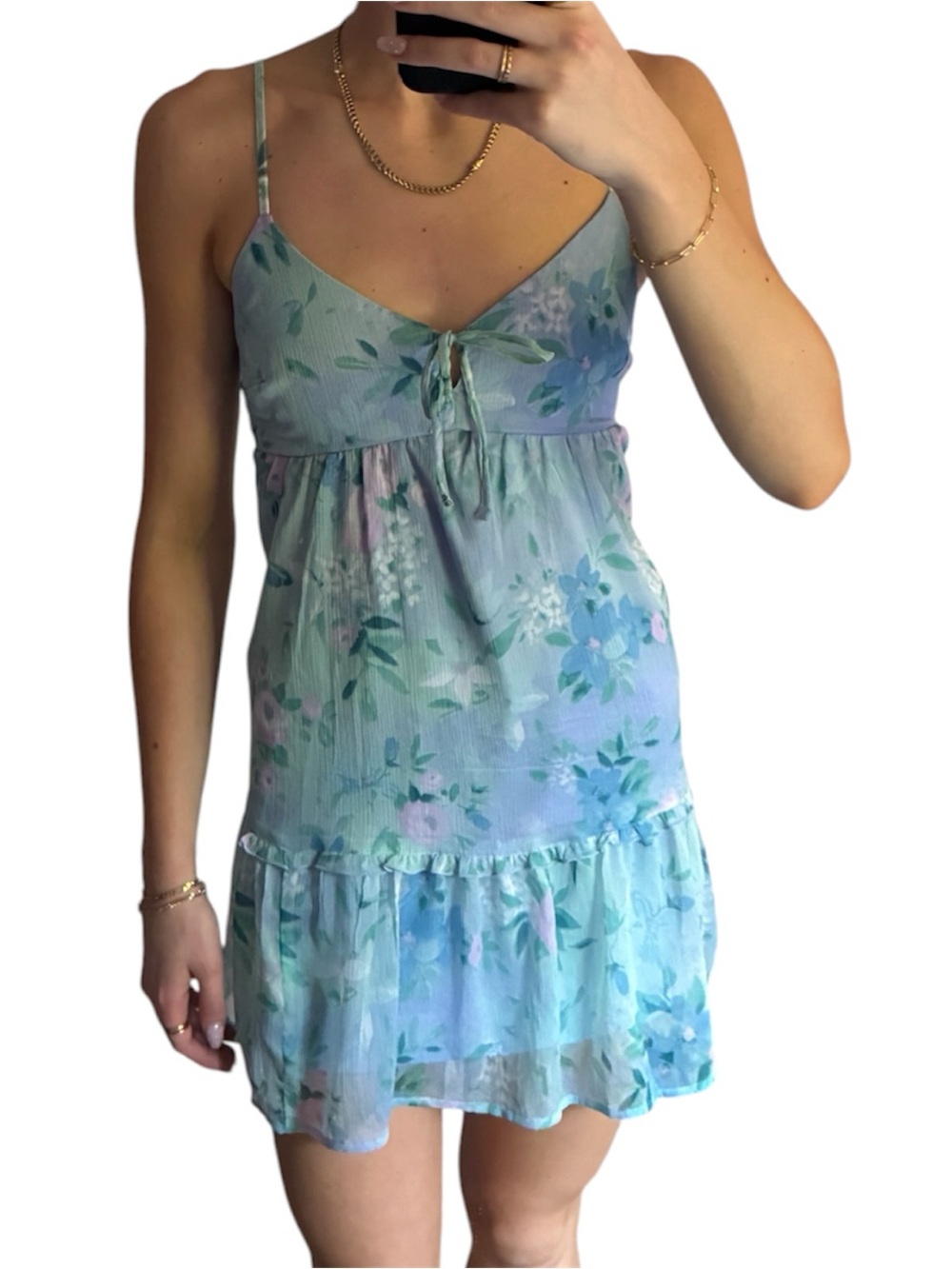 Hollister Floral Babydoll Mini Dress Blue Green XXS